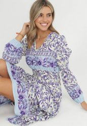 Fioletowo-Beżowa Sukienka Boho z Wiskozy Lohine. Fioletowe sukienki damskie Born2be, l, z aplikacjami, z wiskozy, boho, bez kołnierzyka, bez ramiączek, maxi, rozkloszowane. Za 84.99 zł.