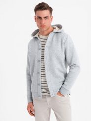 Męska dresowa bluza z kapturem zapinana na guziki – szary melanż V2 OM-SSZP-0186 - XXL. Szare bluzy męskie Ombre Clothing, l, bez wzorów, z bawełny, z kapturem. Za 143.99 zł.