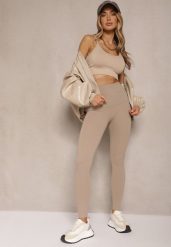 Beżowe Basicowe Legginsy High Waist Tofelia. Brązowe legginsy damskie Renee, bez wzorów, z jeansu. Za 49.99 zł.