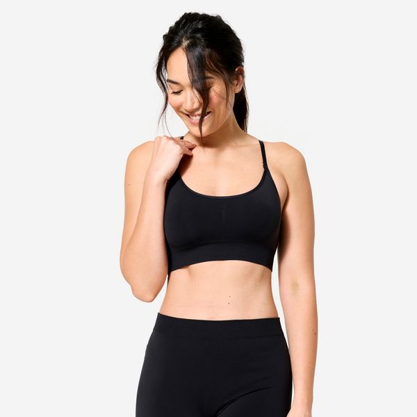 Stanik sportowy Decathlon. Czarne koszulki sportowe damskie STAREVER, xs, bez wzorów, z elastanu, bez ramiączek, na jogę i pilates. W wyprzedaży za 39.99 zł.