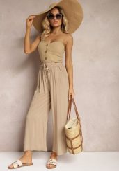 Beżowe Spodnie Palazzo High Waist z Bawełny Wykończone Gumką w Talii Nellsea. Brązowe spodnie materiałowe damskie Renee, bez wzorów, z bawełny, eleganckie, z podwyższonym stanem. Za 14.99 zł.