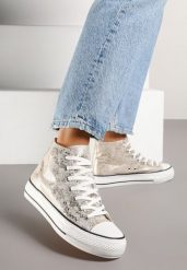 Złote Trampki z Wysoką Tłoczoną Cholewką Willevia. Żółte trampki i tenisówki damskie Renee, bez wzorów, z jeansu, przed kolano, bez zapięcia. Za 74.99 zł.