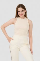GUESS Beżowy top Edie Tank. Brązowe topy damskie Guess, s, z aplikacjami, bez kołnierzyka, bez ramiączek. W wyprzedaży za 122.99 zł.