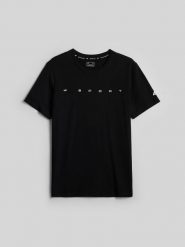 4F T-shirt regular z nadrukiem męski - czarny M. Czarne t-shirty męskie 4F, m, bez wzorów, z bawełny, bez kołnierzyka, bez ramiączek. Za 59.99 zł.