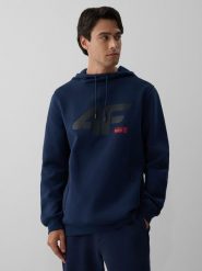 4F Bluza dresowa regular z kapturem męska - granatowa M. Niebieskie bluzy sportowe męskie 4F, m, bez wzorów, z dresówki, z kapturem, trekkingowe. Za 189.99 zł.