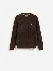 Sweter z haftem - ciemnobrązowy. Brązowe swetry męskie Reserved, l, bez wzorów, z bawełny, bez kołnierzyka, bez ramiączek. Za 149.99 zł.