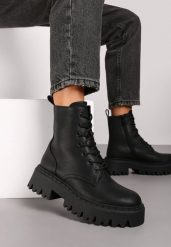 Czarne Sznurowane Botki na Platformie w Stylu Workerów Sairene. Czarne botki damskie Renee, bez wzorów, z jeansu, eleganckie, bez obcasa, na platformie, bez zapięcia. Za 139.99 zł.