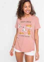T-shirt z nadrukiem. Fioletowe t-shirty damskie bonprix, bez wzorów, bez kołnierzyka, bez ramiączek. Za 64.99 zł.