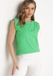Zielony Top z Podkreślonymi Ramionami Ozdobionymi Kryształkami i Łańcuszkami Viamara. Zielone topy damskie Born2be, l, z aplikacjami, z jeansu, eleganckie, bez kołnierzyka, bez ramiączek. Za 39.99 zł.
