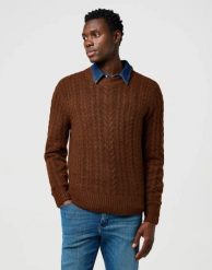 MESKI SWETER WRANGLER CABLE KNIT SWEATER MAHOGANY HEATHER 112371665. Brązowe swetry męskie Wrangler, l, bez wzorów, bez kołnierzyka, bez ramiączek. Za 199.99 zł.