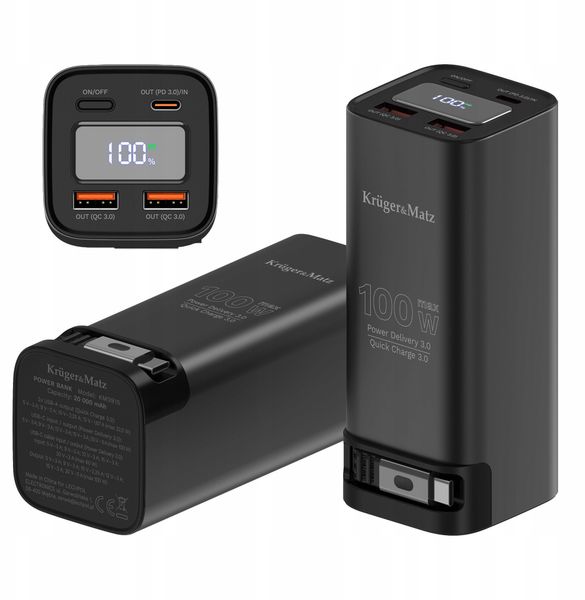 PowerBank Kruger&Matz 20000 mAh Li-ion 100W z funkcją QC oraz PD. Powerbanki Kruger&Matz. Za 187.06 zł.