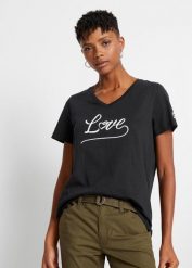 T-shirt z nadrukiem. Czarne t-shirty damskie bonprix, bez wzorów, bez kołnierzyka, bez ramiączek. Za 39.99 zł.