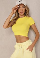Żółty Krótki T-shirt z Prążkowanej Tkaniny Teloma. Żółte t-shirty damskie Renee, l, bez wzorów, z jeansu, eleganckie, bez kołnierzyka, bez ramiączek. Za 29.99 zł.