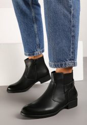 Czarne Płaskie Botki Ozdobione Nitami i Paskiem Emithvin. Czarne botki damskie Renee, bez wzorów, z jeansu, eleganckie, bez obcasa, na obcasie, bez zapięcia. Za 29.99 zł.