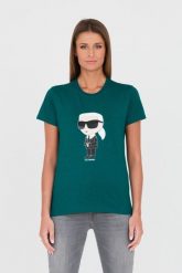 KARL LAGERFELD Zielony t-shirt Karl. Zielone t-shirty damskie KARL LAGERFELD, s, bez wzorów, bez kołnierzyka, bez ramiączek. W wyprzedaży za 299.99 zł.