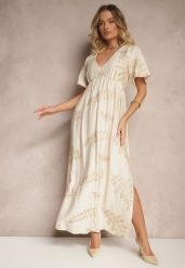 Beżowa Rozkloszowana Sukienka z Wiskozy Ozdobiona Haftowanymi Liśćmi Tirvesa. Brązowe sukienki damskie Renee, na co dzień, na lato, l, bez wzorów, z wiskozy, eleganckie, bez kołnierzyka, bez ramiączek, maxi, rozkloszowane. Za 89.99 zł.
