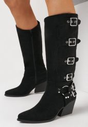 Czarne Kozaki na Stożku z Ozdobnymi Klamrami Isadore. Czarne kozaki damskie Born2be, bez wzorów, z jeansu, bez obcasa, na obcasie, bez zapięcia. Za 189.99 zł.