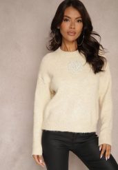 Beżowy Sweter z Wełną z Ozdobnymi Cyrkoniami Nomila. Brązowe swetry nierozpinane damskie Renee, uniwersalny, z aplikacjami, z jeansu, casualowe, bez kołnierzyka, bez ramiączek. Za 109.99 zł.
