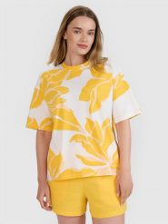 4F T-shirt oversize z nadrukiem damski - granatowa S. Niebieskie t-shirty damskie 4F, s, bez wzorów, z bawełny, klasyczne, bez kołnierzyka, bez ramiączek. W wyprzedaży za 49.99 zł.