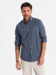 Męska koszula lniana z klasycznym kołnierzykiem i kieszeniami REGULAR FIT – niebieska V4 OM-SHCS-0134 - XXL. Niebieskie koszule męskie Ombre Clothing, na lato, l, z aplikacjami, z bawełny, klasyczne, bez kołnierzyka, bez ramiączek. Za 131.99 zł.