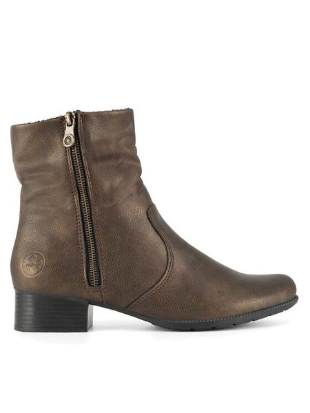 Rieker Botki 78656-90 Brązowy. Brązowe botki damskie Rieker, bez wzorów, ze skóry, bez obcasa, na płaskiej podeszwie, bez zapięcia. Za 319.99 zł.