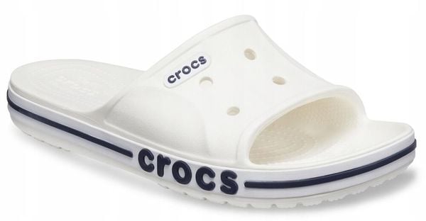 Klapki Dla Dorosłych Crocs Bayaband Slide. Białe klapki damskie Crocs, bez wzorów, z materiału, bez zapięcia. Za 119.99 zł.