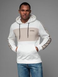 Męska bawełniana bluza z kapturem z kontrastującymi elementami - biała V1 OM-SSNZ-0225 - XXL. Białe bluzy sportowe męskie Ombre Clothing, l, bez wzorów, z bawełny, z kapturem. Za 137.99 zł.
