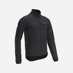 Kurtka zimowa na rower szosowy Triban RC100. Czarne kurtki męskie VAN RYSEL, na zimę, m, bez wzorów, z materiału, bez kaptura, rowerowe. Za 149.99 zł.