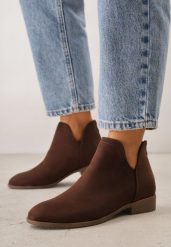 Brązowe Płaskie Botki VICES z Ozdobnymi Wycięciami po Bokach i Suwakiem z Tyłu Isirelin. Brązowe botki damskie Born2be, bez wzorów, z jeansu, biznesowe, bez obcasa, na płaskiej podeszwie, bez zapięcia. Za 109.99 zł.