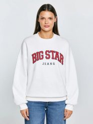 Bluza damska z logo BIG STAR biała Rubena 100. Białe bluzy damskie BIG STAR, l, z aplikacjami, z dzianiny, retro, bez ramiączek, bez kaptura. Za 199.99 zł.