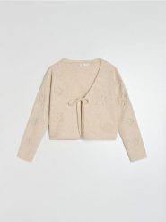 Kardigan z dekoracyjnym wiązaniem i aplikacjami w kształcie kwiatów - beżowy. Brązowe kardigany damskie Sinsay, l, z aplikacjami, bez kołnierzyka. Za 49.99 zł.