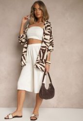 Jasnobeżowe Luźne Spodnie 3/4 z Kieszonkami Efrinea. Brązowe spodnie materiałowe damskie Renee, bez wzorów, z gumy, eleganckie. Za 34.99 zł.