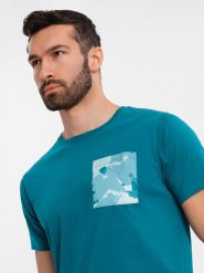 Bawełniany męski t-shirt z printowaną kieszonką – turkusowy V1 - Rozmiar: XXL. Niebieskie t-shirty męskie Ombre Clothing, m, z aplikacjami, z bawełny, bez kołnierzyka, bez ramiączek. W wyprzedaży za 29.99 zł.