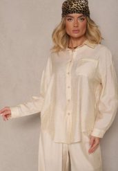 Jasnobeżowa Koszula Oversize w Klasycznym Stylu z Kieszonką Liozira. Brązowe koszule damskie Renee, l, bez wzorów, biznesowe, bez kołnierzyka, bez ramiączek. Za 89.99 zł.