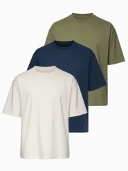 Zestaw bawełnianych koszulek męskich loose fit z okrągłym dekoltem - biała/pastelowa zielona/granatowa V4 - Rozmiar: L. Niebieskie t-shirty męskie Ombre Clothing, l, bez wzorów, z bawełny, bez kołnierzyka, bez ramiączek. W wyprzedaży za 149.99 zł.