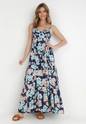 Granatowa Sukienka Damaia. Niebieskie sukienki damskie Born2be, s, bez wzorów, z wiskozy, bez kołnierzyka, bez ramiączek, maxi, dopasowane. Za 74.99 zł.