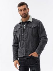 Kurtka męska sztruksowa typu sherpa – grafitowa V7 C524 - L. Szare kurtki męskie Ombre Clothing, l, bez wzorów, z bawełny, eleganckie, bez kaptura. W wyprzedaży za 99.99 zł.