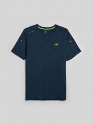 4F Koszulka trekkingowa z włókna bambusowego męska - granatowa L. Niebieskie t-shirty męskie 4F, l, bez wzorów, z materiału, bez kołnierzyka, bez ramiączek. Za 119.99 zł.