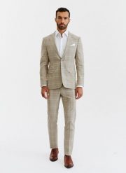 PAKO LORENTE – Beżowe spodnie męskie w kratę. Brązowe eleganckie spodnie męskie Pako Lorente, bez wzorów, z elastanu. Za 149.99 zł.