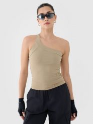 4F Crop-top slim z asymetrycznym ramiączkiem damski - beżowy L. Brązowe topy damskie 4F, l, bez wzorów, z dzianiny, sportowe, z asymetrycznym kołnierzem, bez ramiączek. W wyprzedaży za 19.99 zł.