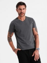 Męska klasyczna bawełniana koszulka z dekoltem w serek BASIC – grafitowa V3 OM-TSBS-0237 - XXL. Szare t-shirty męskie Ombre Clothing, l, bez wzorów, z bawełny, bez kołnierzyka, bez ramiączek. W wyprzedaży za 39.99 zł.