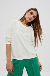 Bluza z napisem perłowa. Białe bluzy damskie MOODO, m, bez wzorów, z bawełny, bez ramiączek, bez kaptura. W wyprzedaży za 59.99 zł.