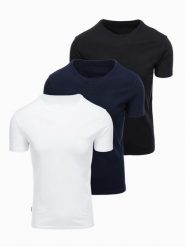 Zestaw męskich t-shirtów bawełnianych BASIC z okrągłym dekoltem – czarny/biały/granatowy V1. Białe t-shirty męskie Ombre Clothing, m, bez wzorów, z bawełny, bez kołnierzyka, bez ramiączek. W wyprzedaży za 97.99 zł.