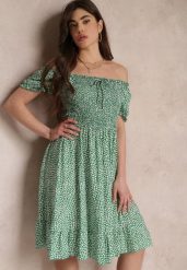 Zielona Sukienka Midi o Fasonie Bawełnianej Hiszpanki Nairo. Zielone sukienki damskie Renee, na spotkanie biznesowe, m, bez wzorów, z bawełny, eleganckie, bez kołnierzyka, bez ramiączek, midi. Za 39.99 zł.