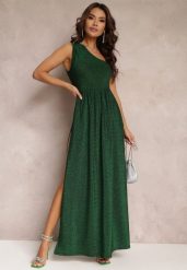 Zielona Brokatowa Sukienka Maxi z Asymetryczną Górą i Rozkloszowanym Dołem Eulita. Zielone sukienki damskie Renee, na imprezę, l, bez wzorów, eleganckie, z asymetrycznym kołnierzem, bez ramiączek, maxi, asymetryczne. Za 169.99 zł.