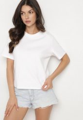Biały Bawełniany T-shirt z Grubszej Bawełny Tiariane. Białe t-shirty damskie Born2be, m, bez wzorów, z bawełny, biznesowe, bez kołnierzyka, bez ramiączek. Za 49.99 zł.