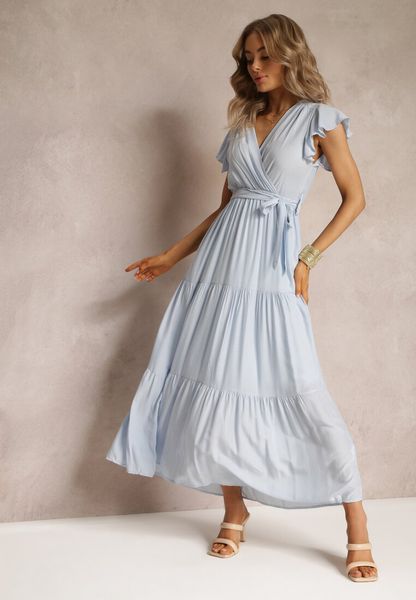 Jasnoniebieska Sukienka Tantysus. Niebieskie sukienki damskie Renee, na co dzień, na lato, l, bez wzorów, z materiału, bez kołnierzyka, bez ramiączek, maxi, kopertowe. Za 119.99 zł.