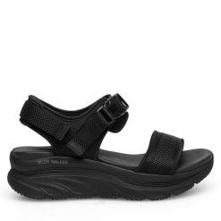 Sandały Skechers. Czarne sandały damskie Skechers, bez wzorów, bez obcasa, na płaskiej podeszwie, bez zapięcia. Za 289.99 zł.