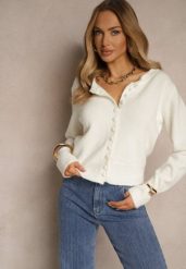 Biały Rozpinany Kardigan z Wełną Kornelira. Białe kardigany damskie Renee, bez wzorów, z jeansu, eleganckie, bez kołnierzyka. Za 149.99 zł.