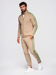 Komplet dresowy męski bluza rozpinana + spodnie dresowe joggery - jasnobrązowy V1 - Rozmiar: S. Brązowe bluzy męskie Ombre Clothing, m, bez wzorów, z bawełny, biznesowe, bez ramiączek, bez kaptura. Za 399.99 zł.